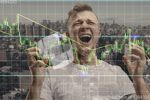 Image of Stressed man holding head with hands on abstract city background. Double exposure with graphs. Virus alert, coronavirus pandemic, crisis, unemployment