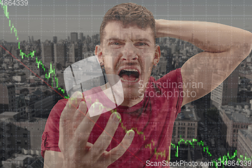 Image of Stressed man holding head with hands on abstract city background. Double exposure with graphs. Virus alert, coronavirus pandemic, crisis, unemployment