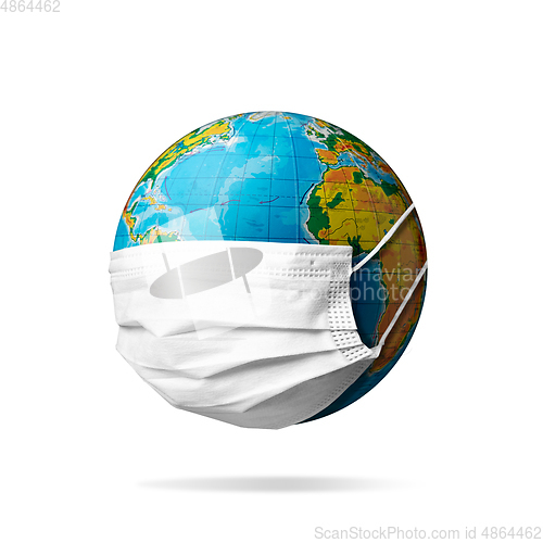 Image of Planet Earth wearing face mask, concept of pandemic, protection against coronavirus COVID-19