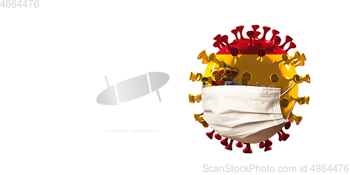 Image of 3D-illustration of COVID-19 coronavirus colored in national Spain flag in face mask, concept of pandemic spreading