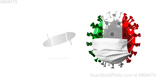 Image of 3D-illustration of COVID-19 coronavirus colored in national Italy flag in face mask, concept of pandemic spreading