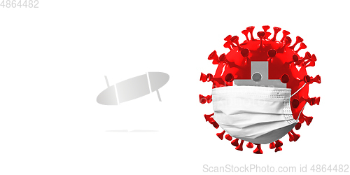 Image of 3D-illustration of COVID-19 coronavirus colored in national Switzerland flag in face mask, concept of pandemic spreading