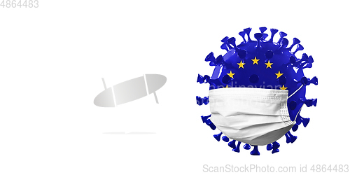 Image of 3D-illustration of COVID-19 coronavirus colored in European Union flag in face mask, concept of pandemic spreading