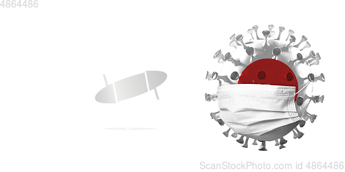 Image of 3D-illustration of COVID-19 coronavirus colored in national Japan flag in face mask, concept of pandemic spreading