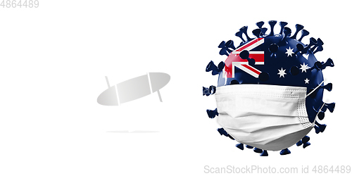 Image of 3D-illustration of COVID-19 coronavirus colored in national Australia flag in face mask, concept of pandemic spreading