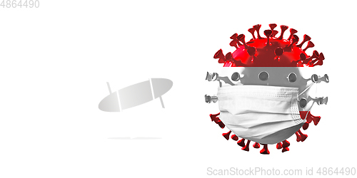 Image of 3D-illustration of COVID-19 coronavirus colored in national Austria flag in face mask, concept of pandemic spreading