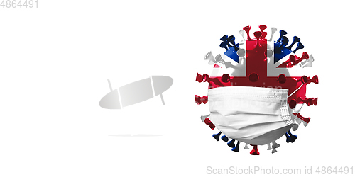 Image of 3D-illustration of COVID-19 coronavirus colored in national United Kingdom flag in face mask, concept of pandemic spreading