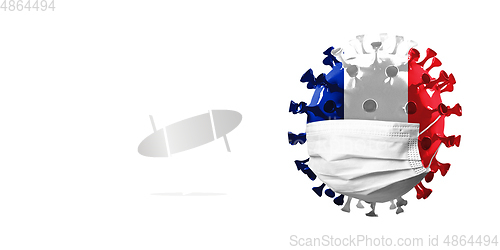 Image of 3D-illustration of COVID-19 coronavirus colored in national France flag in face mask, concept of pandemic spreading