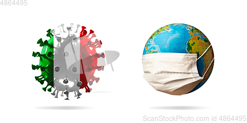 Image of 3D-illustration of COVID-19 coronavirus colored in national Italy flag near planet Earth wearing face mask, concept of pandemic spreading