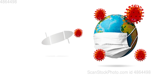 Image of 3D-illustration of COVID-19 coronavirus colored red spreading near around planet Earth wearing face mask, concept of pandemic, protection