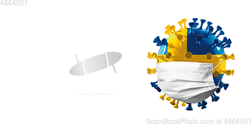 Image of 3D-illustration of COVID-19 coronavirus colored in national Sweden flag in face mask, concept of pandemic spreading