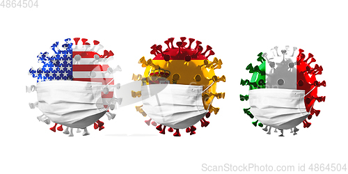 Image of 3D-illustration of COVID-19 coronavirus colored in national USA, Spain and Italy flags in face masks, concept of pandemic spreading