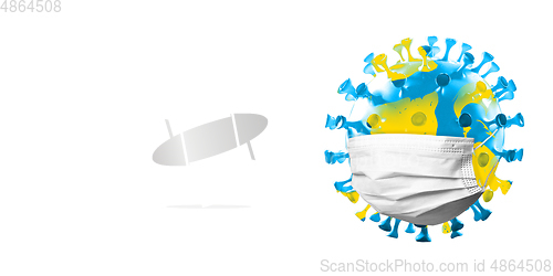 Image of 3D-illustration of COVID-19 coronavirus colored like planet Earth wearing face mask, concept of pandemic, protection