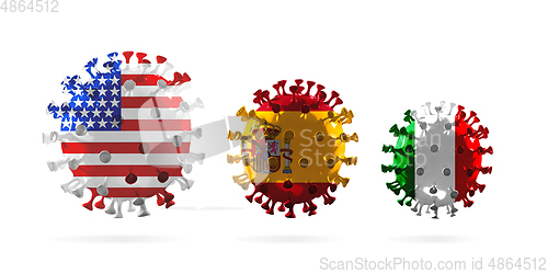 Image of 3D-illustration of COVID-19 coronavirus colored in national USA, Spain and Italy flags, concept of pandemic spreading