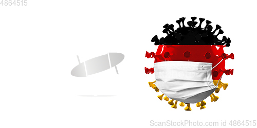 Image of 3D-illustration of COVID-19 coronavirus colored in national Germany flag in face mask, concept of pandemic spreading