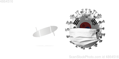 Image of 3D-illustration of COVID-19 coronavirus colored in national South Korea flag in face mask, concept of pandemic spreading