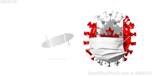 Image of 3D-illustration of COVID-19 coronavirus colored in national Canada flag in face mask, concept of pandemic spreading