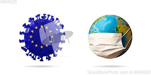 Image of 3D-illustration of COVID-19 coronavirus colored in European Union flag near planet Earth wearing face mask, concept of pandemic spreading