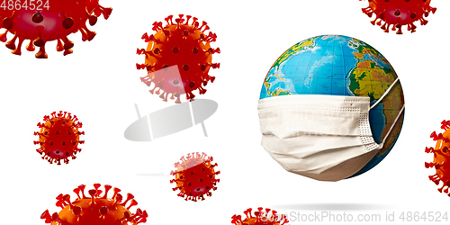 Image of 3D-illustration of COVID-19 coronavirus colored red spreading near around planet Earth wearing face mask, concept of pandemic, protection