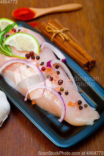 Image of fresh organic chicken breast with herbs and spices