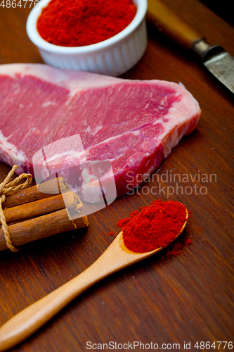 Image of raw uncooked  ribeye beef steak butcher selection