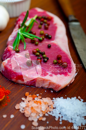 Image of raw uncooked  ribeye beef steak butcher selection