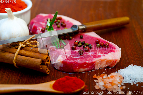 Image of raw uncooked  ribeye beef steak butcher selection