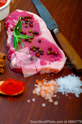 Image of raw uncooked  ribeye beef steak butcher selection