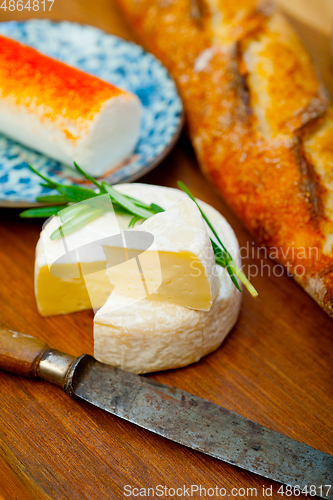 Image of French cheese and fresh  baguette on a wood cutter