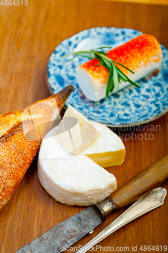 Image of French cheese and fresh  baguette on a wood cutter