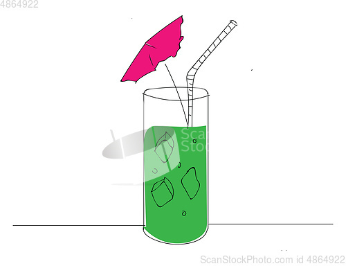 Image of Green cocktail with pink umbrella and white straw vector illustr