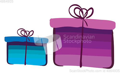 Image of Two present boxes wrapped in colorful decoration paper tied with