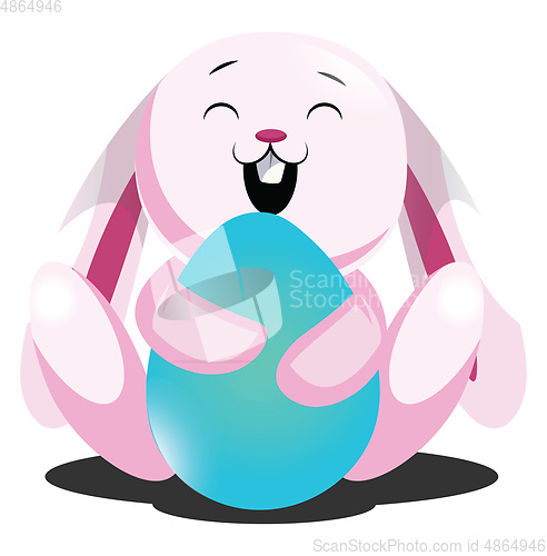 Image of Rosy easter bunny hugging blue egg illustration web vector on wh