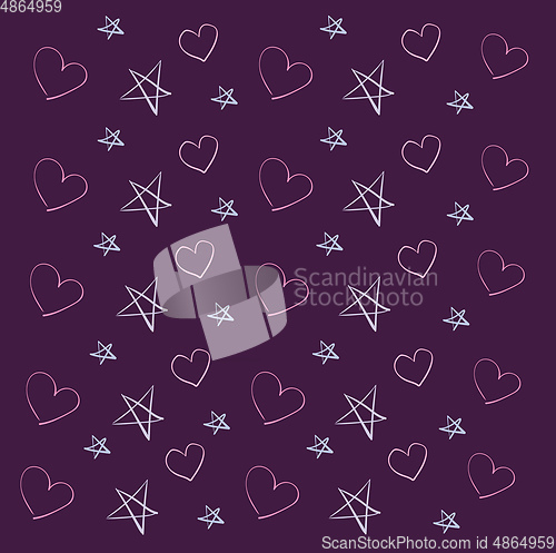 Image of Hearts and stars on purple background illustration vector on pur
