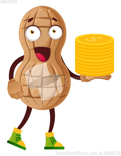 Image of Peanut holding coins, illustration, vector on white background.