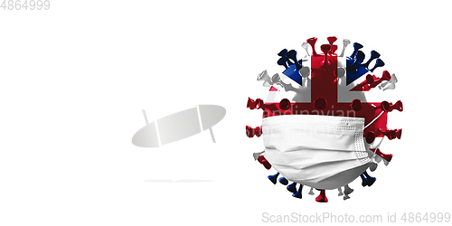 Image of 3D-illustration of COVID-19 coronavirus colored in national Great Britain flag in face mask, concept of pandemic spreading