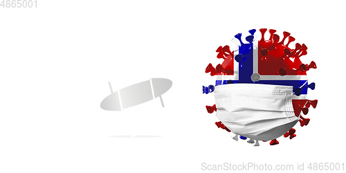 Image of 3D-illustration of COVID-19 coronavirus colored in national Norway flag in face mask, concept of pandemic spreading