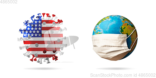 Image of 3D-illustration of COVID-19 coronavirus colored in national USA flag near planet Earth wearing face mask, concept of pandemic spreading