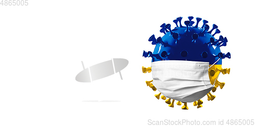 Image of 3D-illustration of COVID-19 coronavirus colored in national Ukraine flag in face mask, concept of pandemic spreading