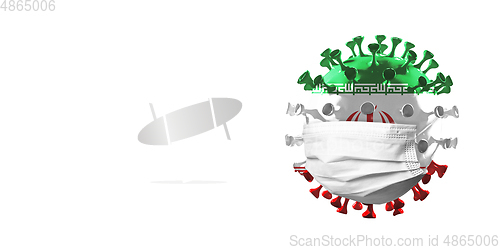 Image of 3D-illustration of COVID-19 coronavirus colored in national Iran flag in face mask, concept of pandemic spreading