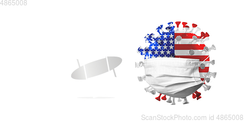 Image of 3D-illustration of COVID-19 coronavirus colored in national USA flag in face mask, concept of pandemic spreading