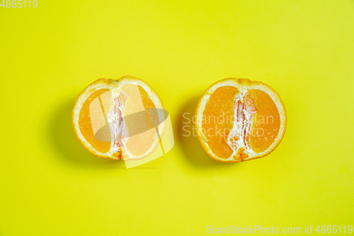 Image of Monochrome stylish composition in yellow color. Top view, flat lay.