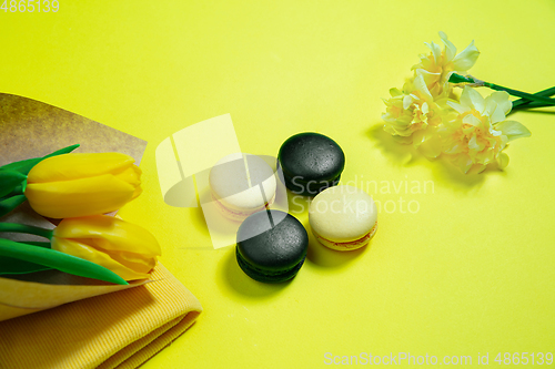 Image of Monochrome stylish composition in yellow color. Top view, flat lay.