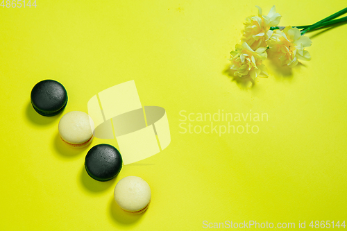 Image of Monochrome stylish composition in yellow color. Top view, flat lay.