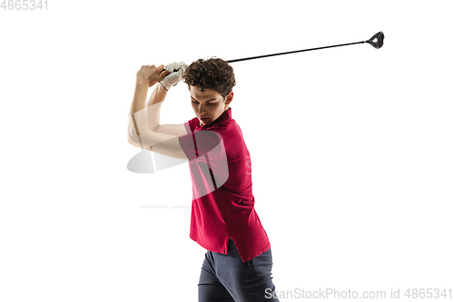 Image of Golf player in a red shirt taking a swing isolated on white studio background