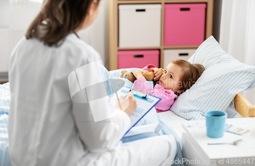 Image of doctor with clipboard and sick girl in bed at home