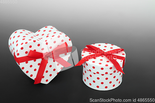 Image of Heart and Round Shaped Polka Dot Gift Boxes  
