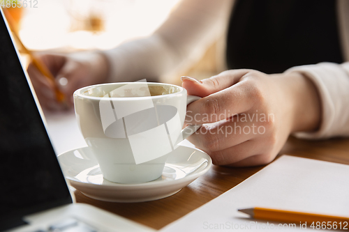 Image of Close up of caucasian female hands, working in office, business, people