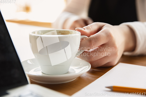 Image of Close up of caucasian female hands, working in office, business, people