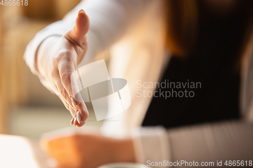 Image of Close up of caucasian female hands, working in office, business, people